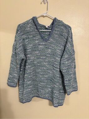 J Jill L Blue Green Open Knit V Neck Sweater Cotton Blend